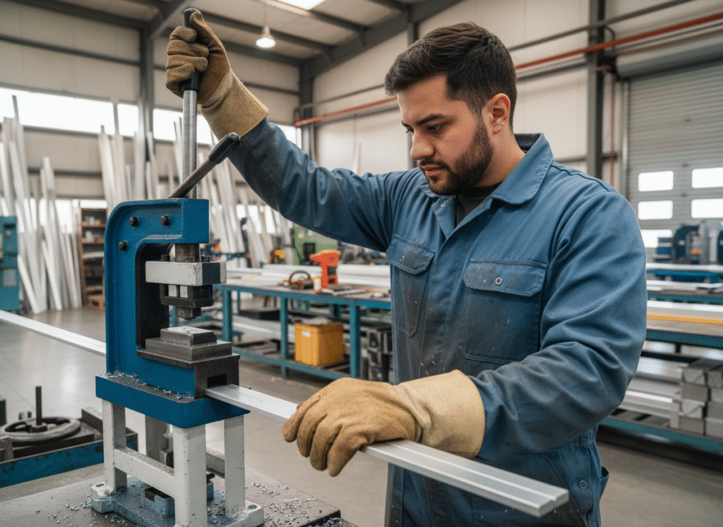 Trabajador troquelando un perfil de aluminio